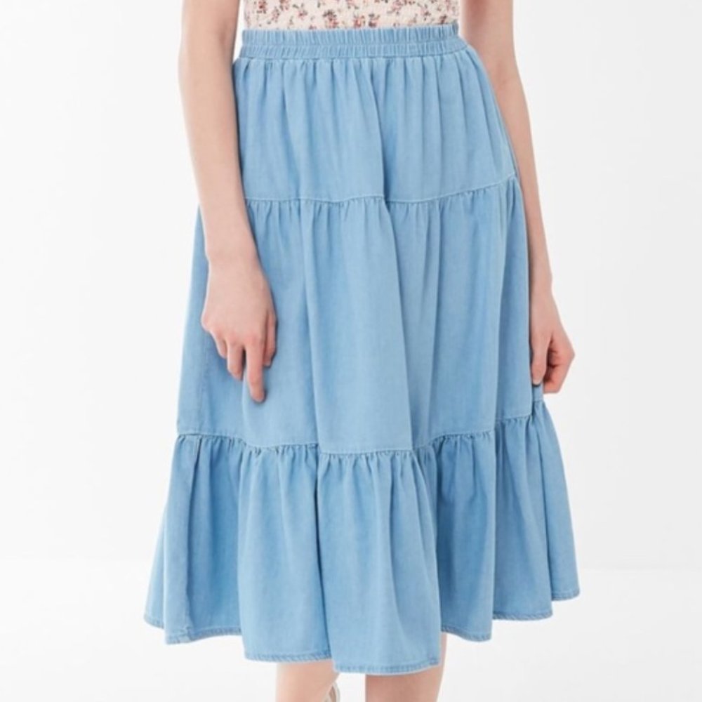 BDG Urban Outfitters Midi Jean Tiered Ruffle Skirt